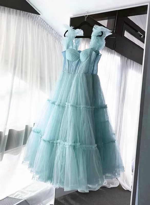 Light Blue Tulle Straps Long Party Dress Evening Dress, Light Blue A-Line Prom Dress Turtleneck Neckline Stylish Light Blue Tulle Straps Long Party Dress Evening Dress, Light Blue A-Line Prom Dress Turtleneck Neckline Stylish