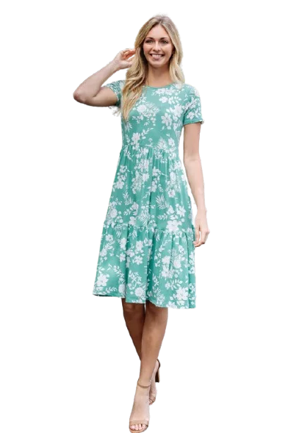 Short Sleeve Floral Knee Length Tiered Dress Sage Bright - Pack of 6 Tunics Denim casual