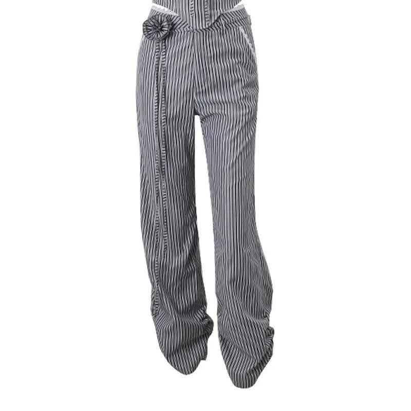 Ruched striped zip-up lace hem medium rise pant Relaxed High-Waist Trousers