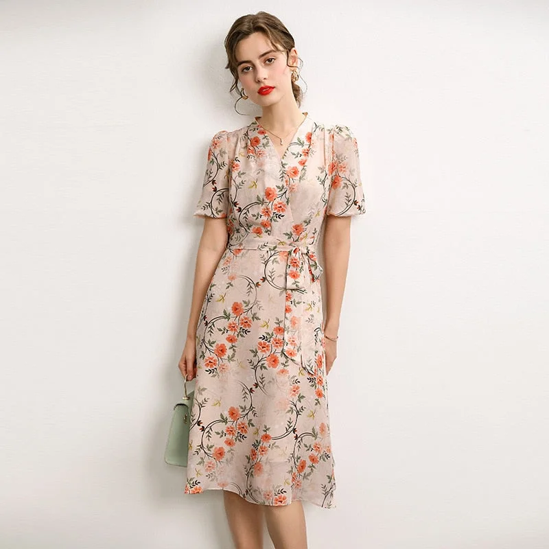 Women's Dress Summer New French V-neck Lace-up Temperament Printed Party Dress Female Casual Floral Half Sleeve A-line Dress Boatneck Modish Everyday Women's Dress Summer New French V-neck Lace-up Temperament Printed Party Dress Female Casual Floral Half Sleeve A-line Dress Boatneck Modish Everyday