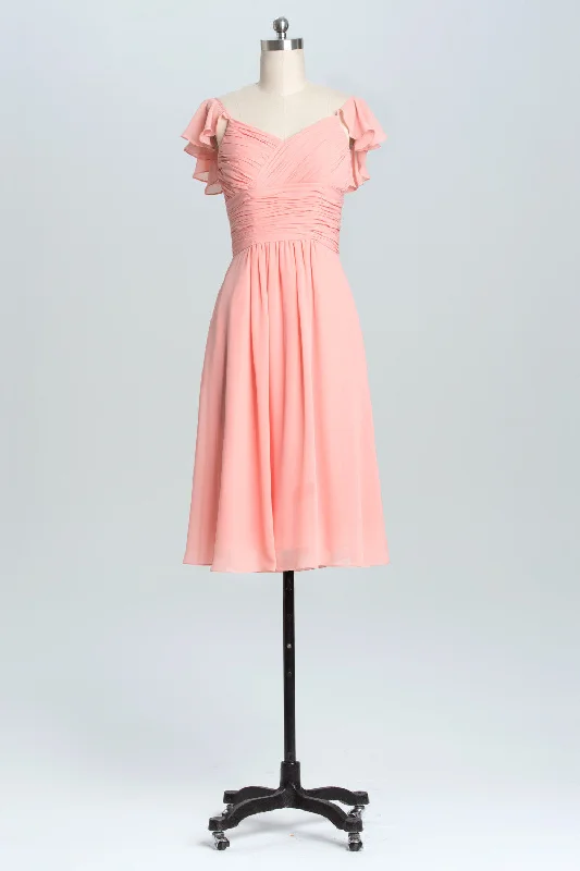 Flutter Sleeves Coral Pleated A-line Short Party Dress Tunics Bestseller popular