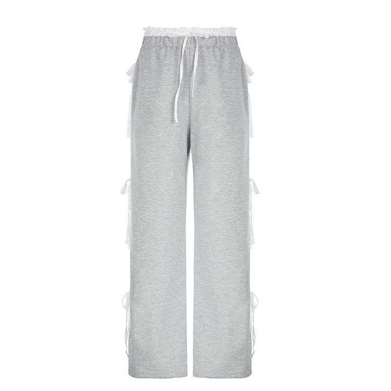 Lace hem bowknot medium rise pant Casual Track Pants