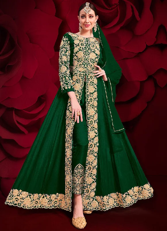 Dark Green Golden Embroidered Slit Style Anarkali Pant Suit Trendy Work Pants