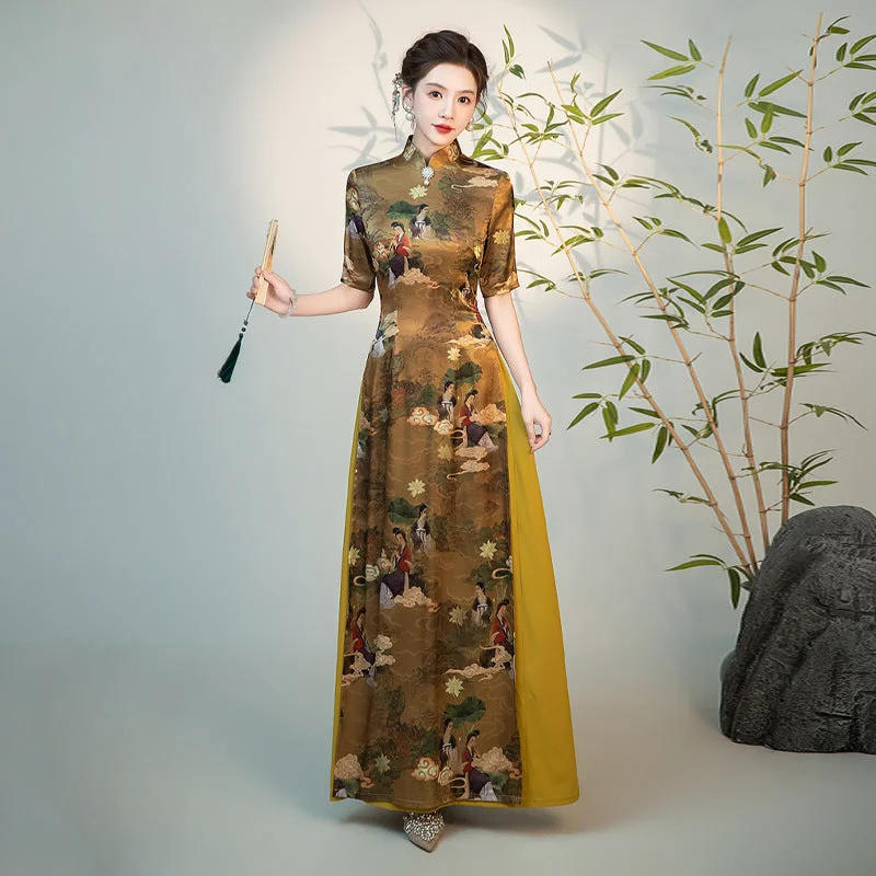 Half Sleeves Cheongsam Top Vietnamese Ao Dai Dress includes Loose Pants Fashionable Track Pants