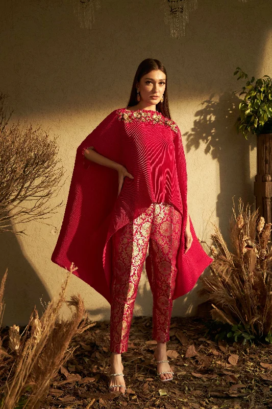 Divine Embroidered Cape with Brocade Pants - Magenta Modern Stretch Trousers