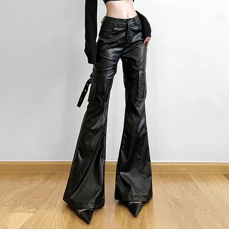 PU leather buckle pocket high rise pant Relaxed Lounge Trousers