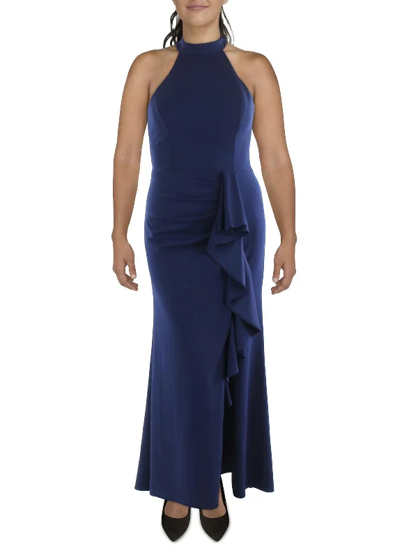 Womens Cascade Ruffle Halter Evening Dress Shift Classic Vintage