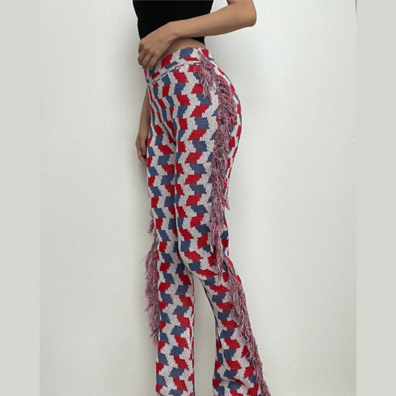 Tassels plaid contrast knitted pant Casual Yoga Pants