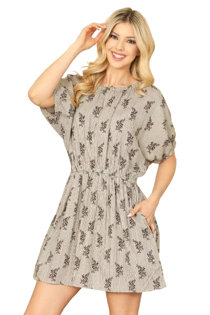 Taupe Wine Half Puff Sleeve Keyhole Detail Elastic Waist Printed Dress - Pack of 5 Square Neckline Feminine Taupe Wine Half Puff Sleeve Keyhole Detail Elastic Waist Printed Dress - Pack of 5 Square Neckline Feminine