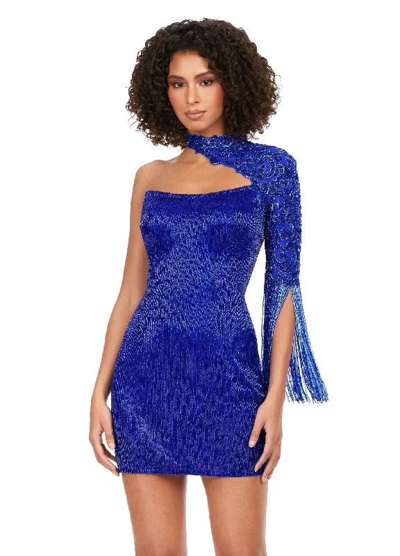 Ashley Lauren 4586 Short Fitted Liquid Beaded One Shoulder Long Sleeve Fringe Dress Tunics Review highly