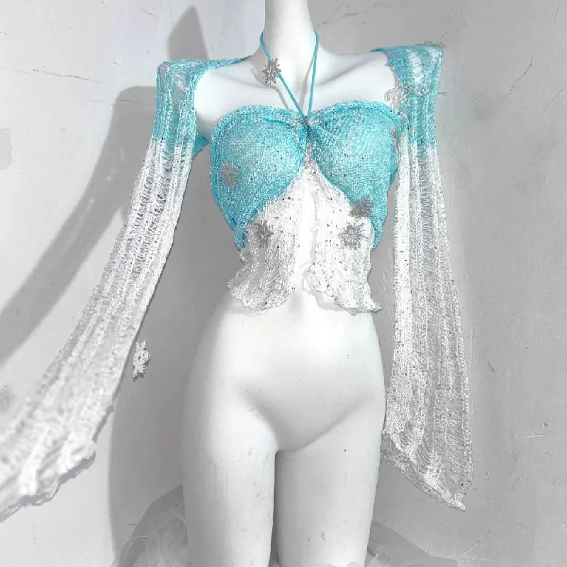 Halter glitter knitted hollow out shrug pant set Trendy Palazzo Pants