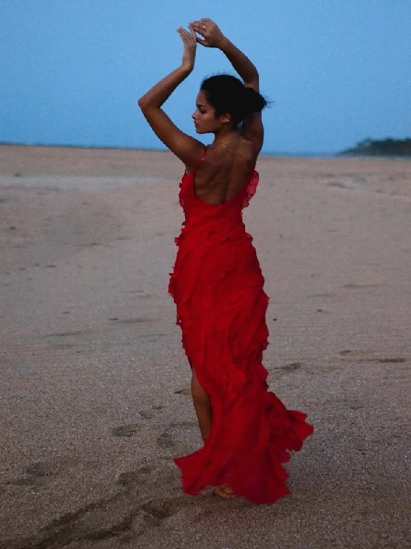 Ruffles Chiffon Maxi Dresses for Women Backlesss Split Sexy Porm Dress Red Long Summer Wedding Party Dress Elegant Luxury Tunics New arrival