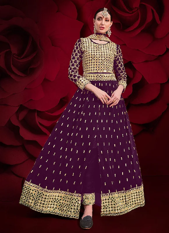 Purple Golden Mirror Work Slit Style Anarkali Pant Suit Soft Stretch Trousers