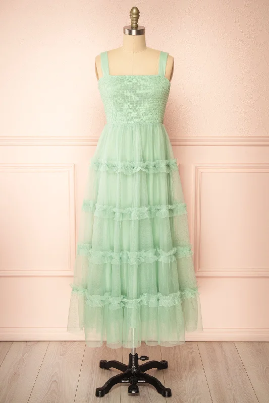 Musai Green | Long Dress w/ Ruched Top Tunics Luxurious high-end