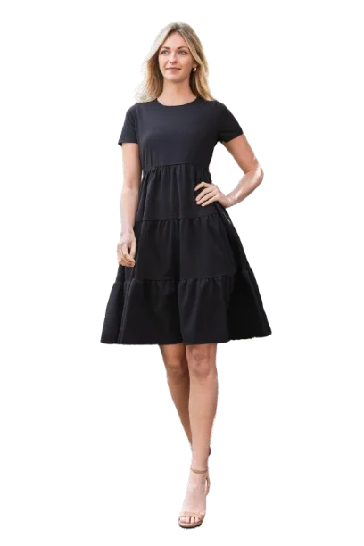 Short Sleeve Solid Tiered Dress Black - Pack of 6 Tunics Exclusive limited