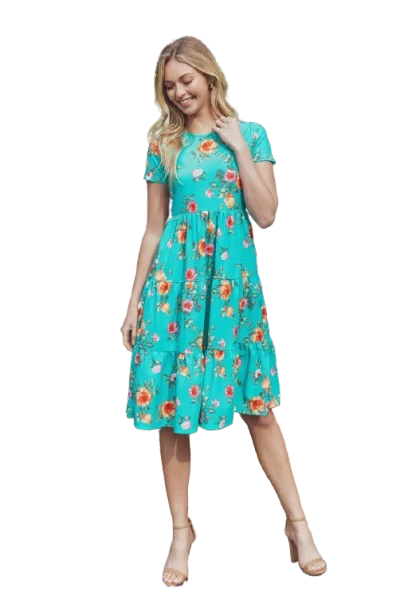 Floral Short Sleeve A Line Tiered Dress Green Light Orange - Pack of 6 Tunics Favorite customer Floral Short Sleeve A Line Tiered Dress Green Light Orange - Pack of 6 Tunics Favorite customer