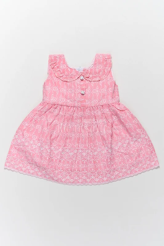 Baby Cotton Dress with Pink Embroidered Patterns and Ruffled Collar Tunics Trendy modern Baby Cotton Dress with Pink Embroidered Patterns and Ruffled Collar Tunics Trendy modern