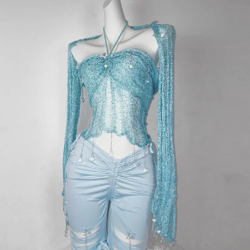 Halter knotted crystal pendant shrug hollow out ruched pant set Elegant High-Waist Pants Halter knotted crystal pendant shrug hollow out ruched pant set Elegant High-Waist Pants