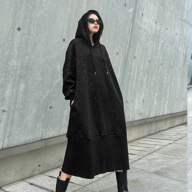 Black Velvet Long Sleeves Hoodies Cozy Dresses Hoodie with Print Artistic Unique