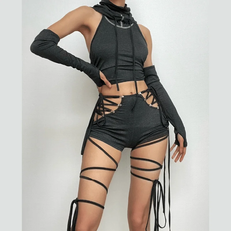 Lace up hollow out self tie drawstring high rise pant set Chic Checkered Pants