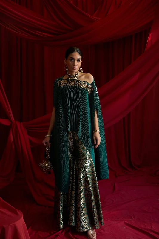 Divine Embroidered Cape with Brocade Sharara Pants - Emerald Green Elegant Silk Pants Divine Embroidered Cape with Brocade Sharara Pants - Emerald Green Elegant Silk Pants