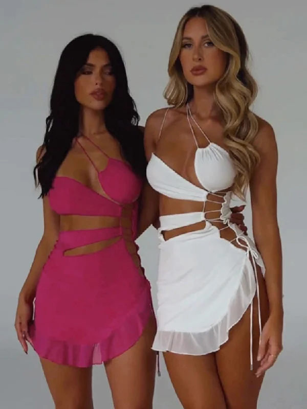 Irregular Hollow Out Sexy Mini Dress For Women Robe Summer New Strapless Sleeveless Backless Bodycon Club Party Dress Tunics Versatile functional