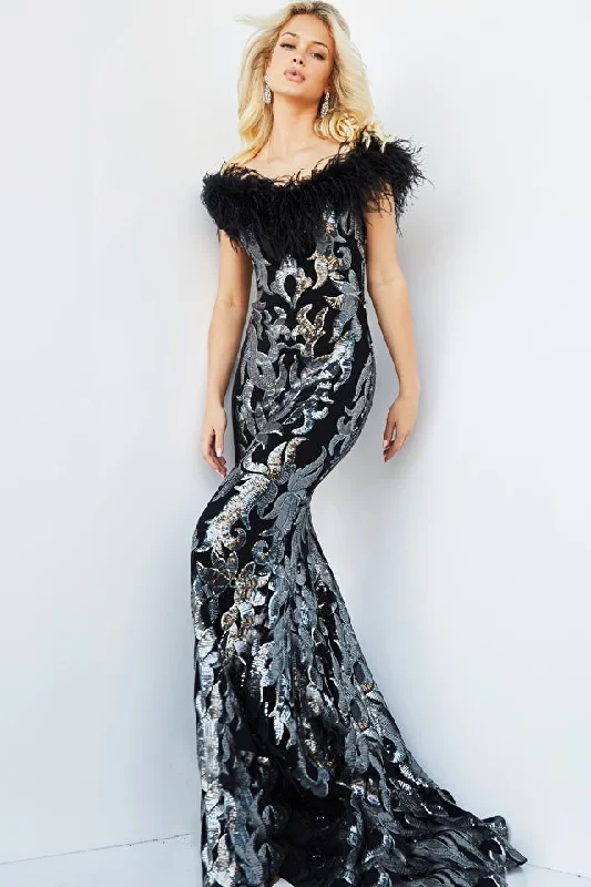 Jovani 22346 Off the Shoulder Feathered Neckline Sequin Embellished Floor Length Slight Flare Bottom Prom Dress Tunics Yoga stretchy