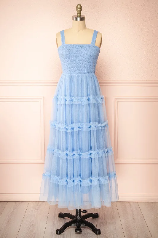 Musai Blue | Long Dress w/ Ruched Top Maxi Flowy Bohemian