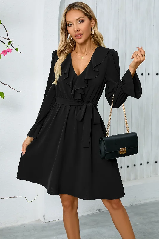 Black Ruffle Bell Long Sleeves A-Line Short Party Dress with Belt Tunics Running lightweight Black Ruffle Bell Long Sleeves A-Line Short Party Dress with Belt Tunics Running lightweight