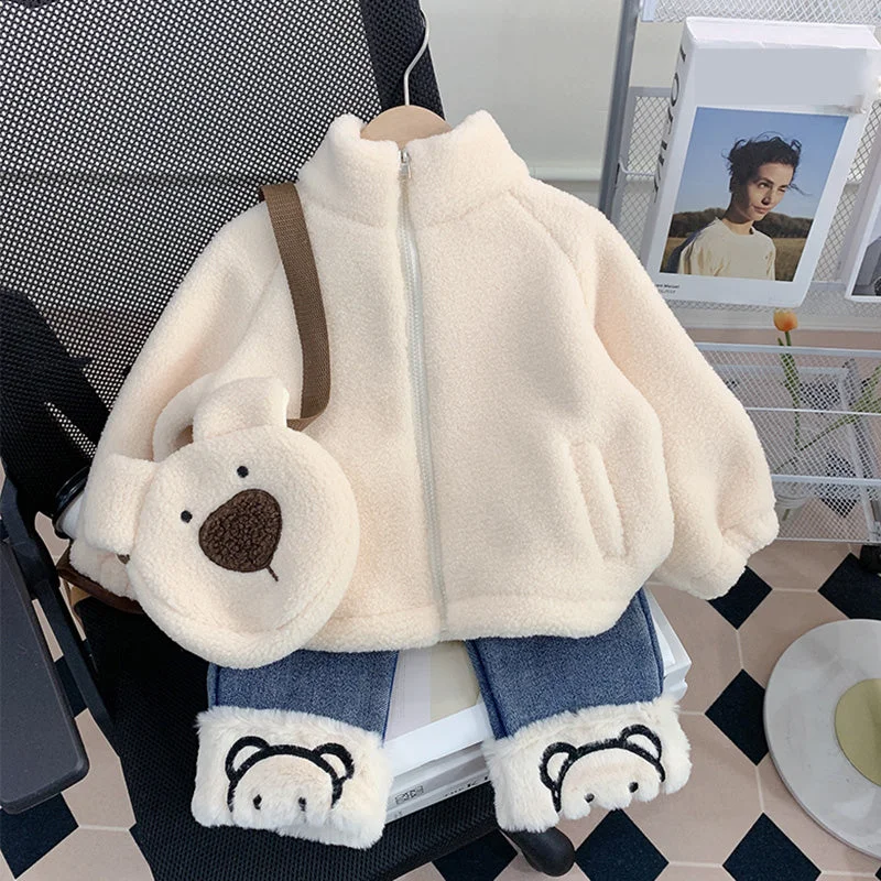 Cute Girls Bear Suit  Casual Pants Two-piece Set Warm Wool Trousers