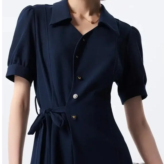 Elegant Navy Dress with Lace-Up Waistband Tunics Corduroy durable