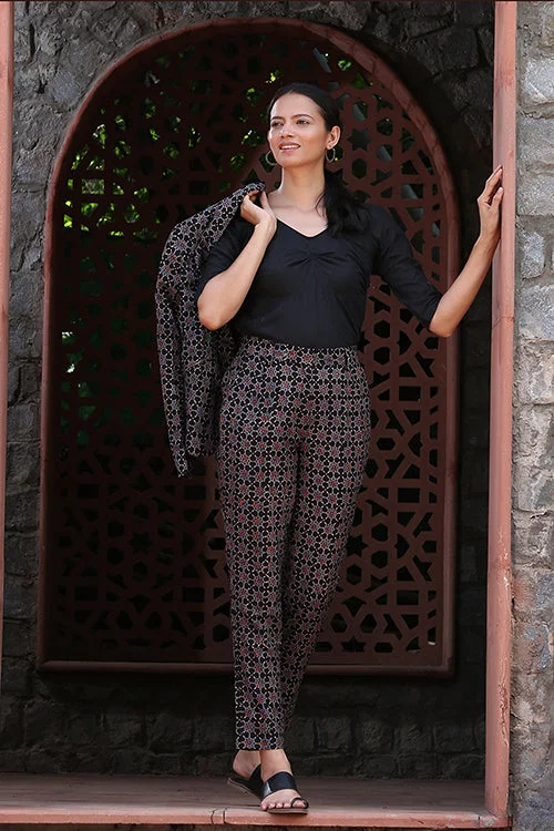 Okhai 'Vigour' Hand Block Ajrakh Pure Cotton Pants Modern Stretch Trousers