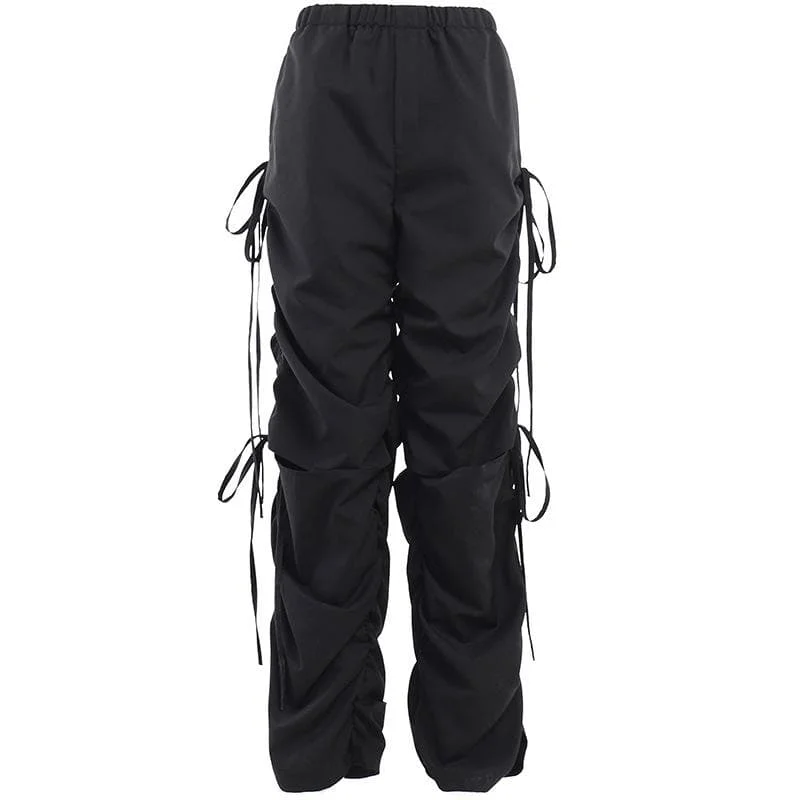Drawstring self tie solid ruched pant Classic Straight-Leg Pants