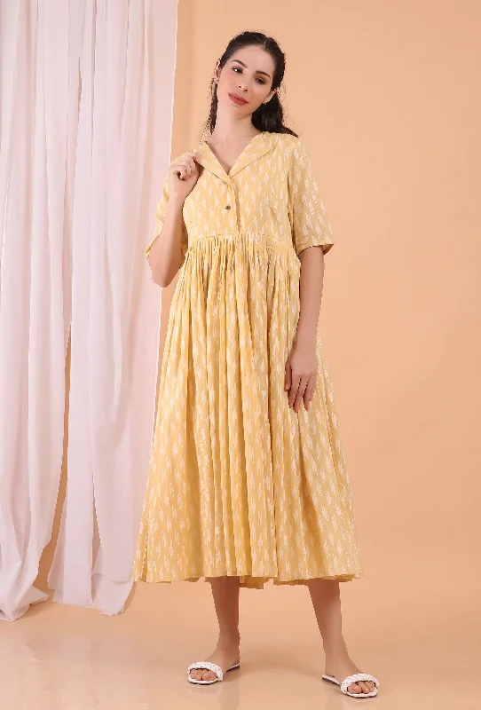 Lemon Tart Yellow Cotton Tiered Gathered Long Dress Tunics Versatile stylish