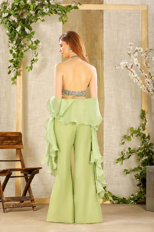 Mint Embroidered Halter Top with wide pants Comfy Zip-Up Pants