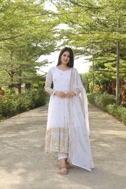 Preksha Creation Indian Anarkali Suit Faux Georgette Fabric With Zari With Sequins Embroidery Work With Dupatta And Pant - White Modern Bootcut Pants Preksha Creation Indian Anarkali Suit Faux Georgette Fabric With Zari With Sequins Embroidery Work With Dupatta And Pant - White Modern Bootcut Pants