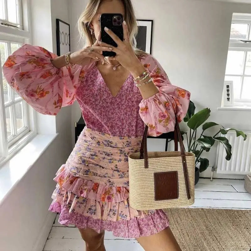 women's spring summer dress long sleeve V-neck tiered ruffled dress women floral print elegant party dress Lace Sexy Club women's spring summer dress long sleeve V-neck tiered ruffled dress women floral print elegant party dress Lace Sexy Club