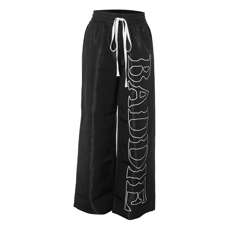 Drawstring self tie letter print medium rise pocket pant Relaxed Linen Pants