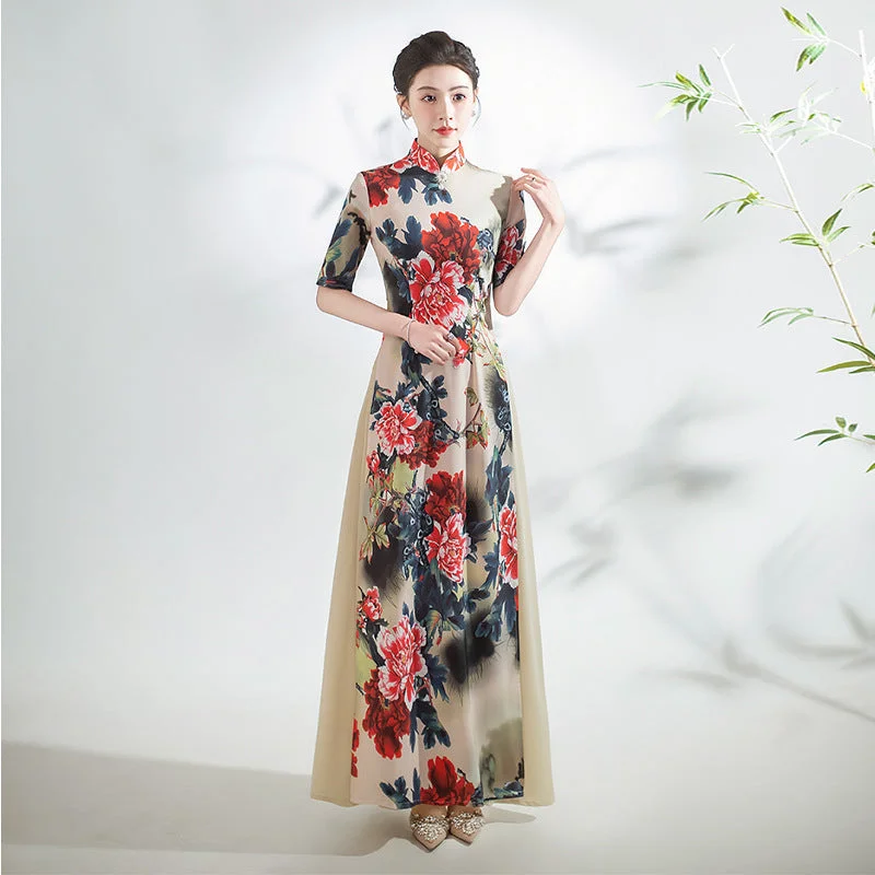 Half Sleeves Cheongsam Top Vietnamese Ao Dai Dress Floral Dress includes Loose Pants Soft Sweatpants Style