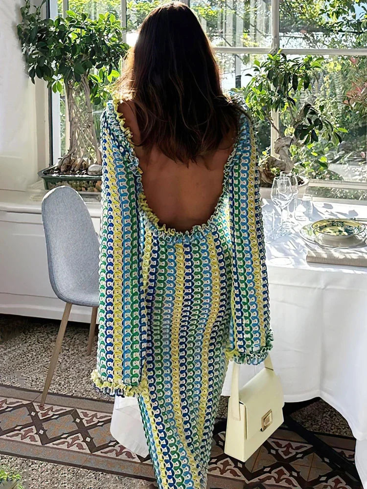Lace Beach Holiday Long Dress Backless Female Hollow Out Patchwork Elegant Loose Contrast Party Dress Women Maxi Dress New Tunics Stylish elegant