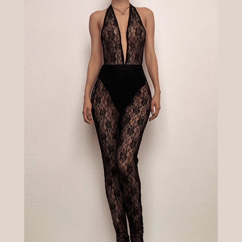 Halter deep v neck see through lace pant set Comfortable Jogger Trousers