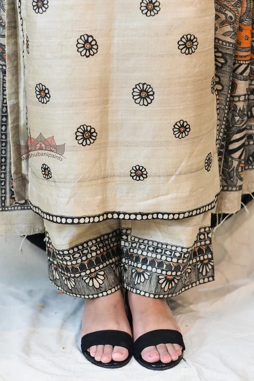 Gubbaro Handpainted Madhubani 'Flowers of Mithila' Tussar Silk Pant Cozy Knit Pants