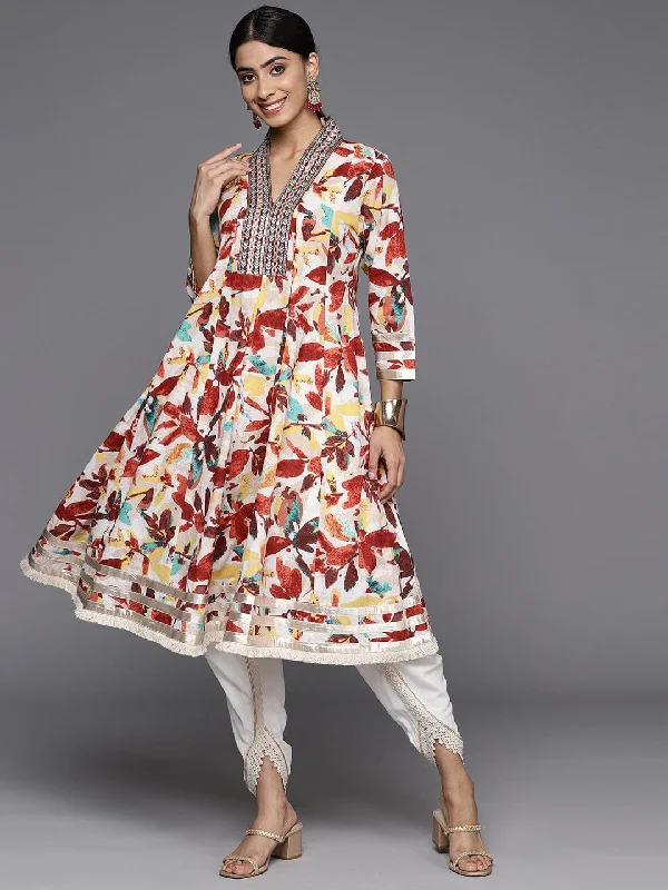 Varanga Women Off-White & Brown Floral Printed V-Neck Anarkali Kurta With Dhoti Pant Chic Wool Trousers Varanga Women Off-White & Brown Floral Printed V-Neck Anarkali Kurta With Dhoti Pant Chic Wool Trousers