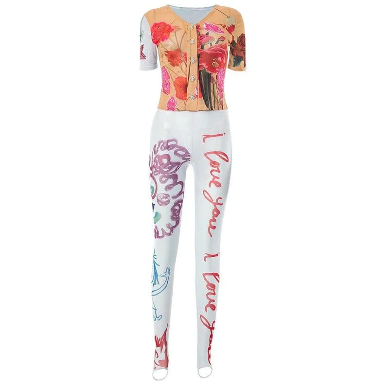 Flower print button short sleeve sheer mesh see through pant set Comfortable Maternity Pants Flower print button short sleeve sheer mesh see through pant set Comfortable Maternity Pants