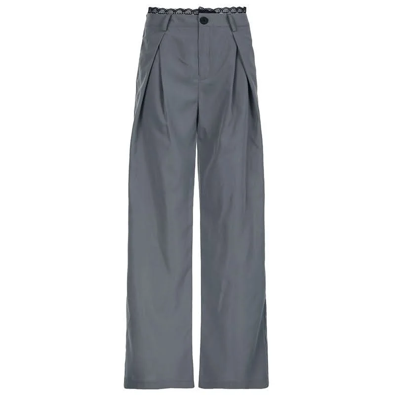 Lace hem button ruched low rise straight leg pant Classic Flared Pants
