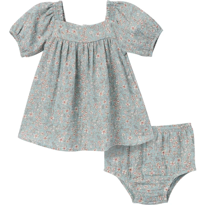 2-Piece Baby Girls Teal Ditsy Puffed Sleeve Dress and Diaper Cover Shift Classic Vintage 2-Piece Baby Girls Teal Ditsy Puffed Sleeve Dress and Diaper Cover Shift Classic Vintage