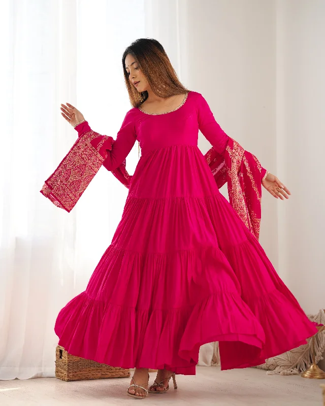Lorenvalley Women Pure Roman silk Chanderi Fabric Layer Gathering Anarkali Kurta Pant With Dupatta Set - Magenta High-Waist Trousers Lorenvalley Women Pure Roman silk Chanderi Fabric Layer Gathering Anarkali Kurta Pant With Dupatta Set - Magenta High-Waist Trousers