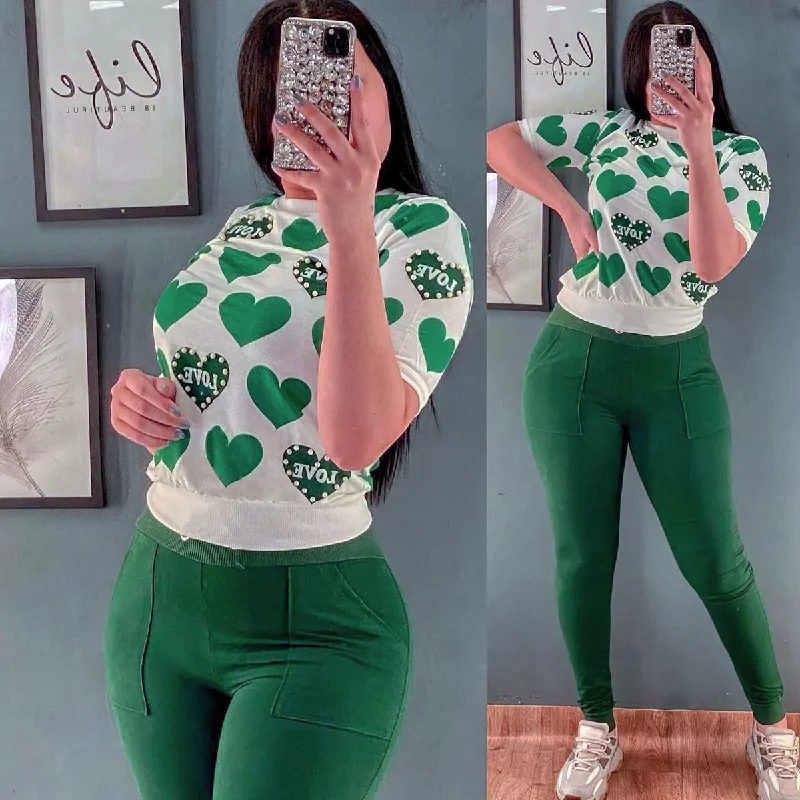 Turkish Pearl Decorated Printed Half Sleeve Top & Pant - Green Formal Stretch Pants