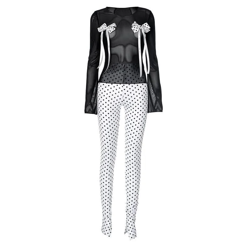 Long sleeve polka dot bowknot mesh crewneck pant set Chic Faux Leather Pants