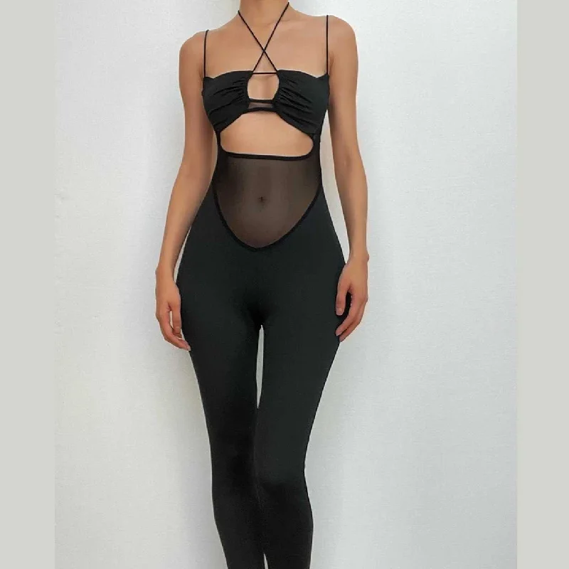 Mesh patchwork solid hollow out backless halter pant set Comfortable Fleece Pants